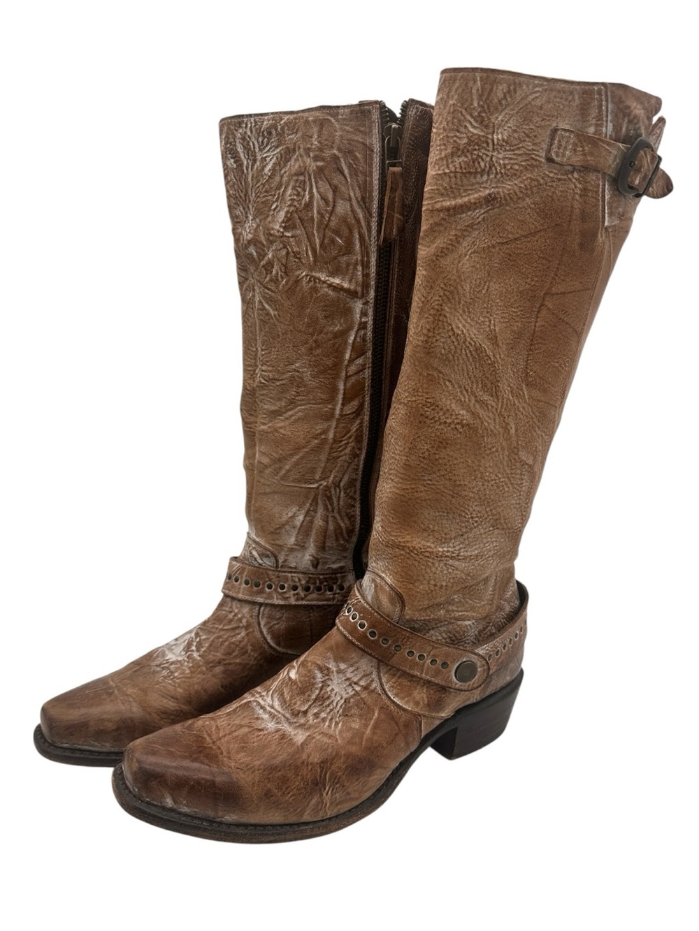 Sonora Melinda Tall Riding Boots Beige Distressed Leather Western Boots US 9.5